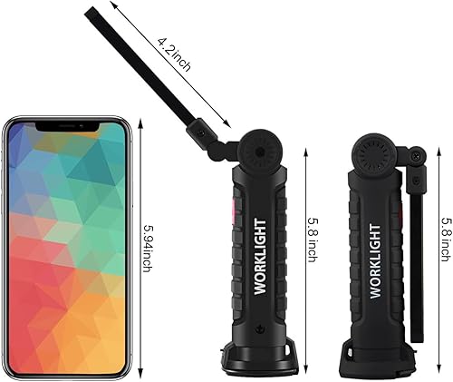 Miniatura 3 de LHOTSE Luz de trabajo LED, linterna recargable con base magnética y gancho, pantalla de batería, rotación de 360°, 5 modos, luz de trabajo plegable