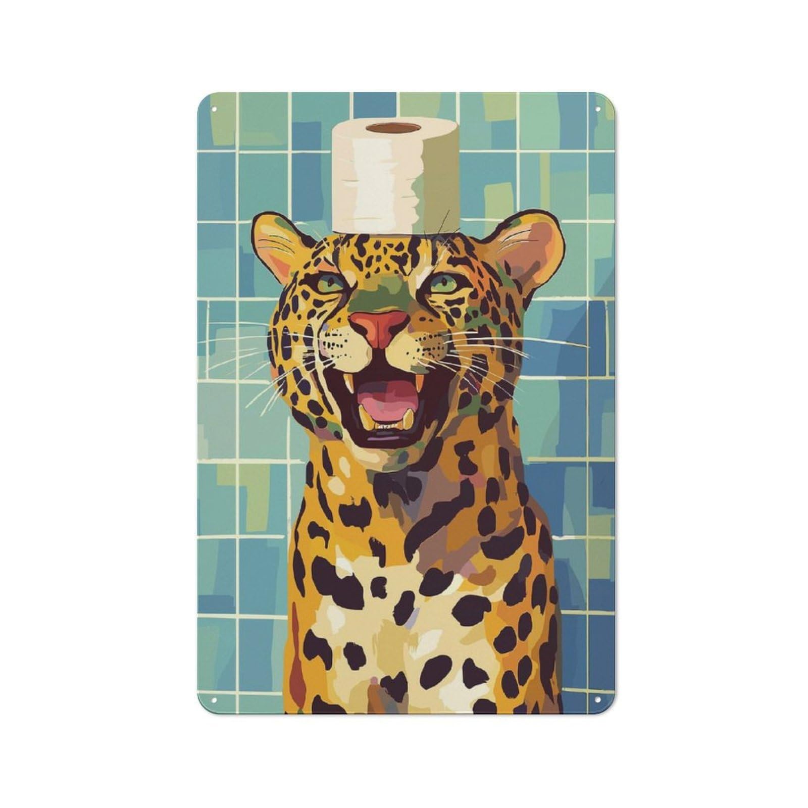 Junmoney Style-19 Metal Wall Sign 30X20cm Featuring Leopard With Toilet Paper Hat For Living Room Wall, For Feature Wall Decorators