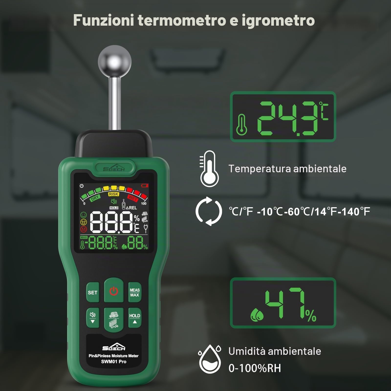 Misuratore Umidità SQECH con Sensore a Sonda, Termometro | Igrometro Multifunzionale con LCD a colori, Allarme, per Muri, Legno, Camper