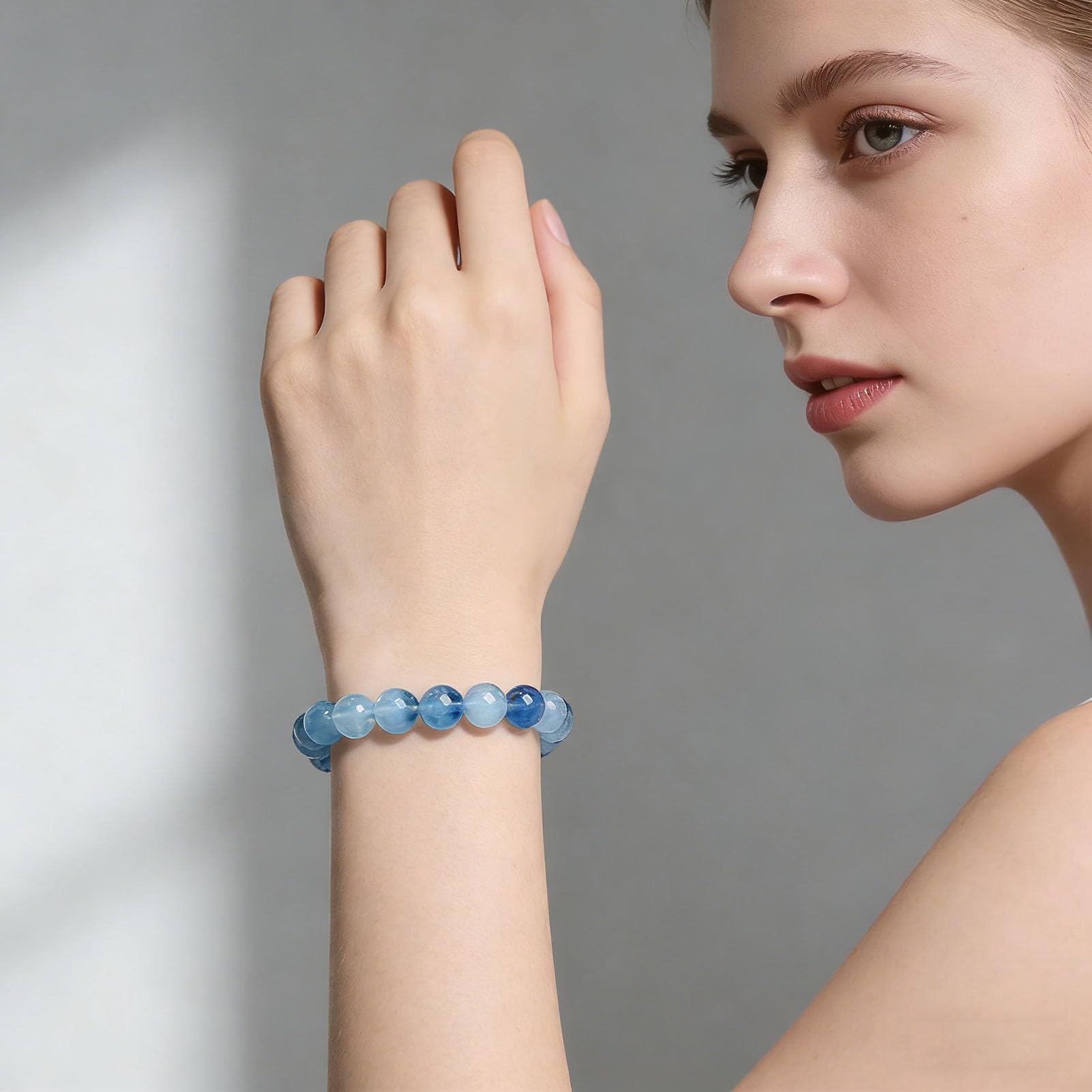 Natürliches Aquamarin-Heilarmband, Edelstein-Kristall-Armbänder, verstellbares Perlen-Kristall-Armband, natürliches blaues echtes Edelstein-Stretch-Armband, für Männer und Frauen,7MM