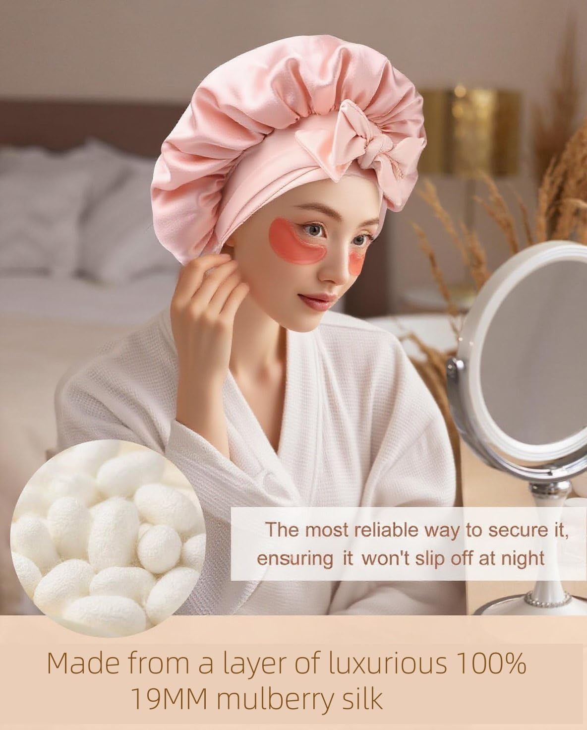 100% Silk Bonnet for Sleeping 19 Momme Pure Mulberry Silk Hair Wrap with Tie Band Stay On Head - Image 2