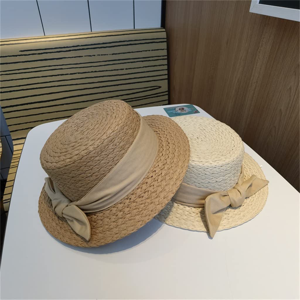 Strandhut, Hüte für Damen, flach, für Kinder, Babys, Mädchen, Kind, Schleife, süß, Sommer, Outdoor, Kinder, Sonnenhut, Khaki-Hüte (Farbe: Natur, Größe: 52–54 cm (Kinder)) (Beige 52)