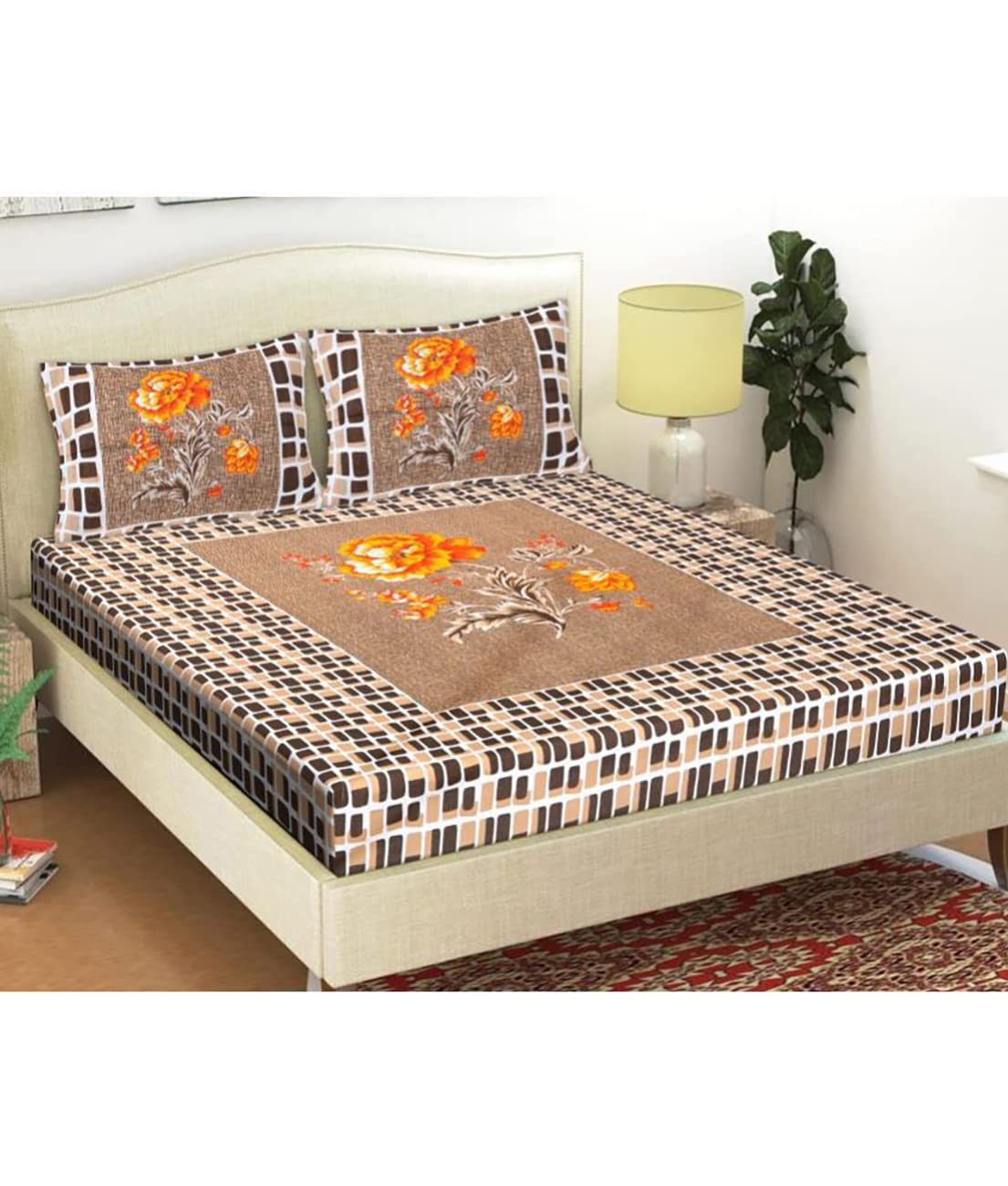 HOMETALES Brown Cotton Queen Jaipuri Bedsheet with 2 Pillow Covers