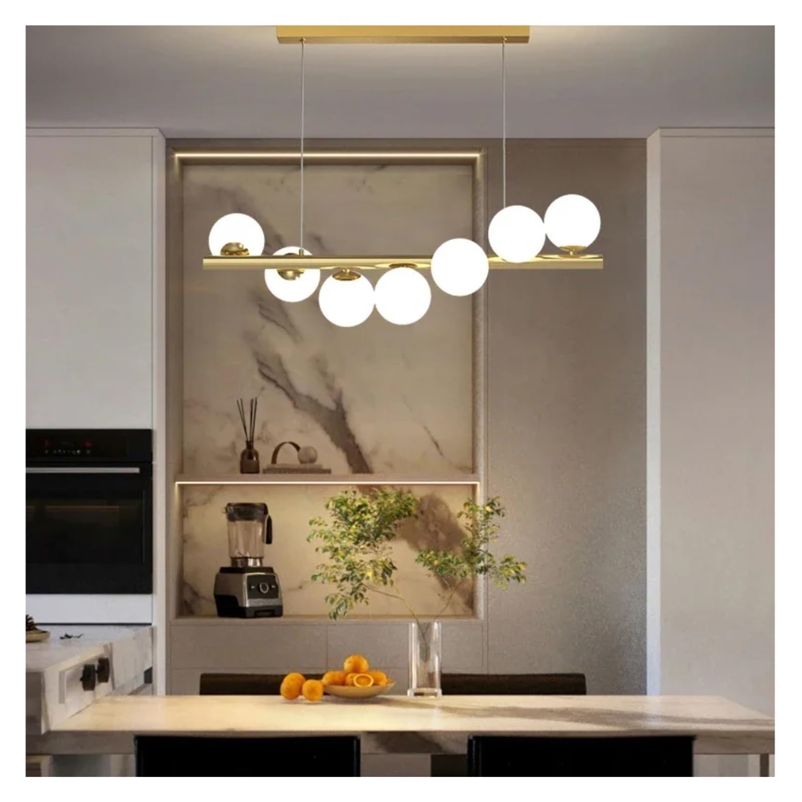 Lustre moderne long en verre blanc suspension 7 boules LED G9