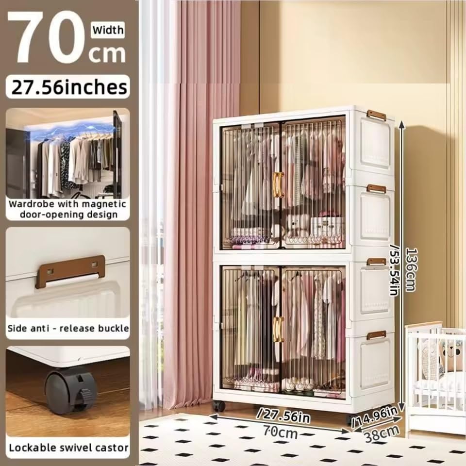 Image of YASONIC Plastic Wardrobe for Storage - Foldable Wardrobe for Clothes, Collapsible Cupboard for Storage Drawer, Almirah for Clothes, Cabinet Lightweight Bedroom /Hallway /Office (Transparent, 4-Door)