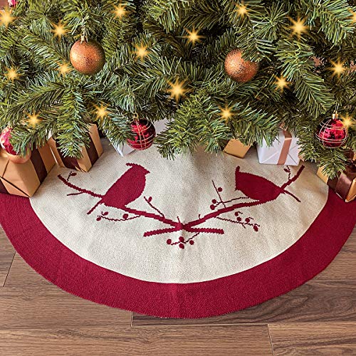 Limbridge Christmas Tree Skirt, 48 Inches Knitted Thick Cardinals Birds Rustic Xmas Holiday Decoration, Cream And Burgundy #TOP1