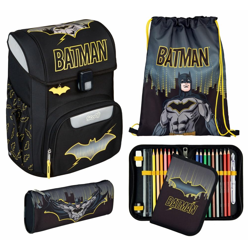 Scooli Schulranzen 1.Klasse Jungen EasyStart Schulranzen- Set (Batman 10tlg. mit Sporttasche, Brotdose, Trinkflasche, passend Plüschtier, Schultüte)