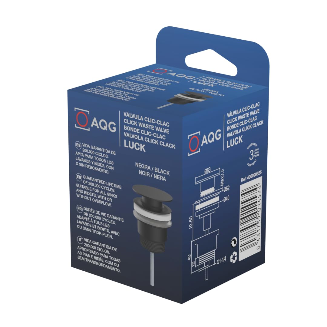 AQG - Válvula Clic-Clac Universal para Lavabo - Tapón Plano - Compatible con Rebosadero y Sin Rebosadero - Diseño Elegante y Alta Durabilidad (Negro)