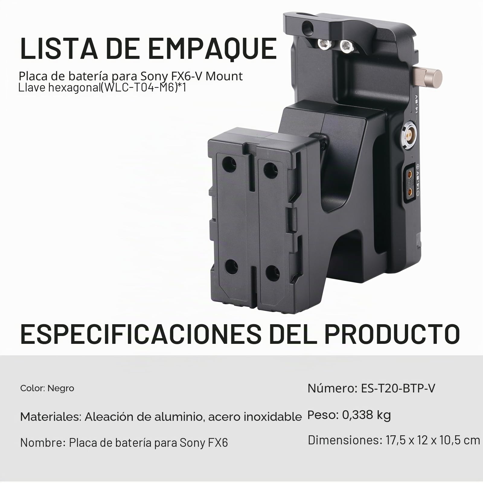 Tilta - Placa de batería Compatible con Sony FX6 V-Mount Adapter ES-T20-BTP-V