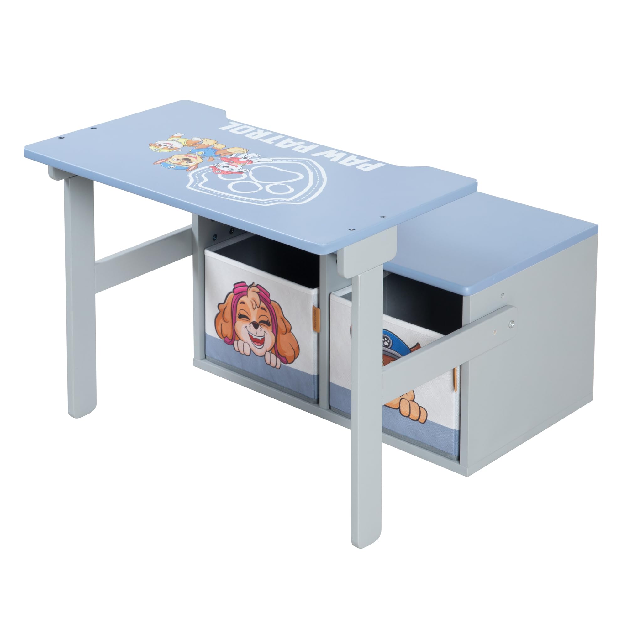 Paw Patrol Klappbare Sitzbank mit 2 Aufbewahrungsboxen, umbaubar zum Kindertisch, Holz grau/blau ab 18 Monaten