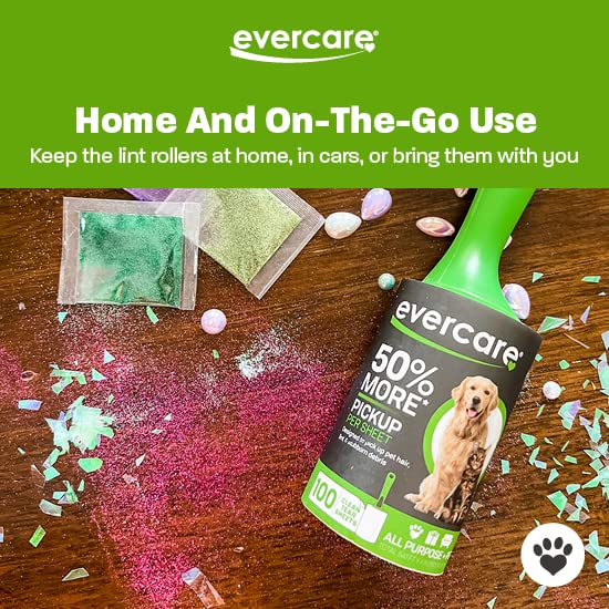 Image of Evercare All Purpose Pet Hair 2 Lint Rollers with 3 Refills, 60 Sheets Each - Manual Reusable Sticky Roller for Pet Hair, Green