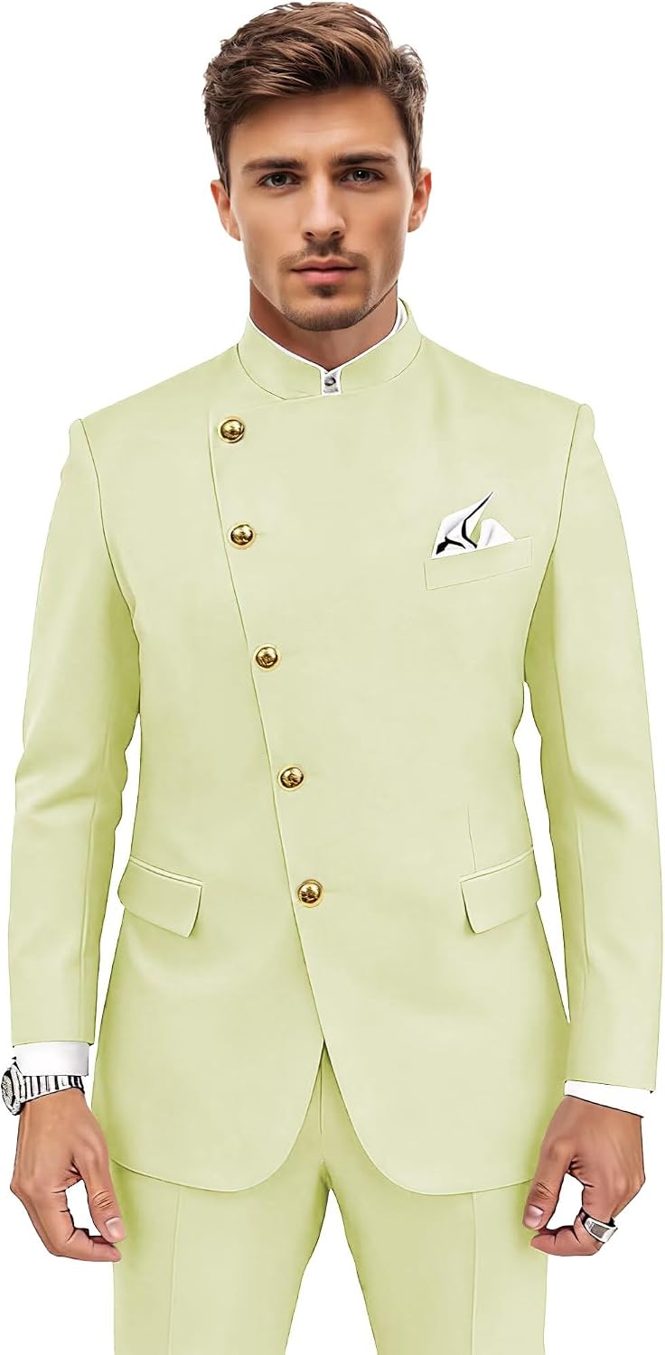 Chinese Suit for Men 2 Piece Slim Fit Mandarin Collar Suits Gold Button Formal Jacket Pant Set Wedding Prom