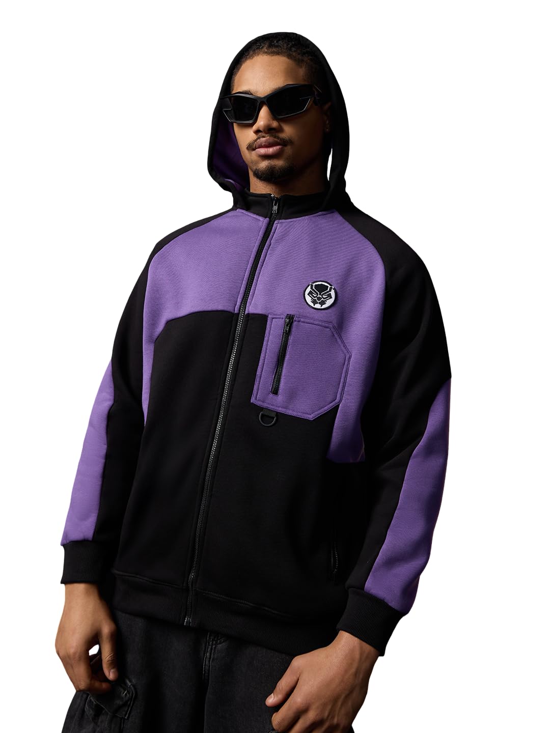 the souled store Black Panther: The King Men and Boys Full Sleeves Hooded Neck Black and Purple Colour-Block Cotton Blend Drop Shoulder Streetwear Trendy Zipper Oversized Hoodie-picture-18
