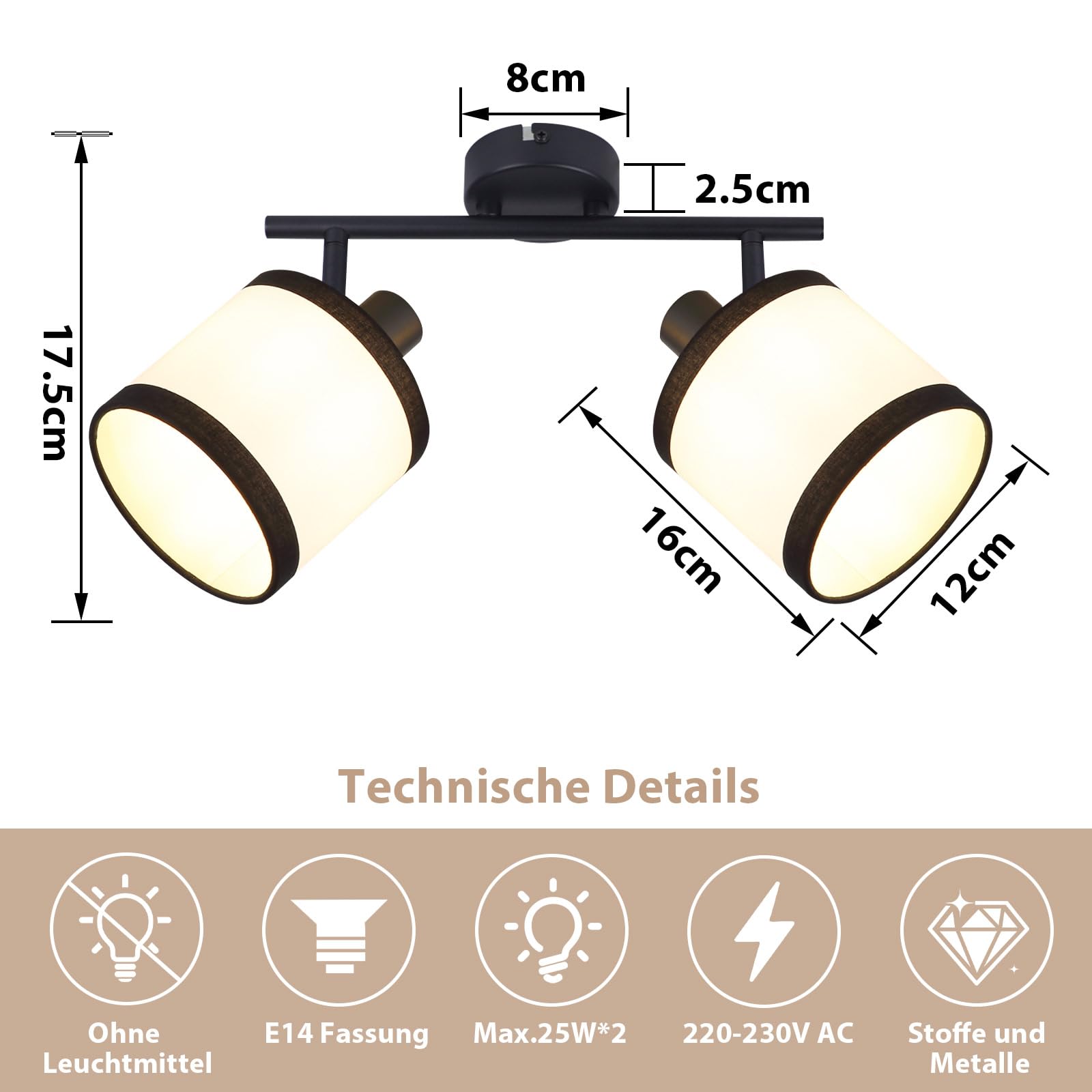 Glitzerlife Lámpara de techo 2 luces negro pasillo Plafóniera LED 2ER
