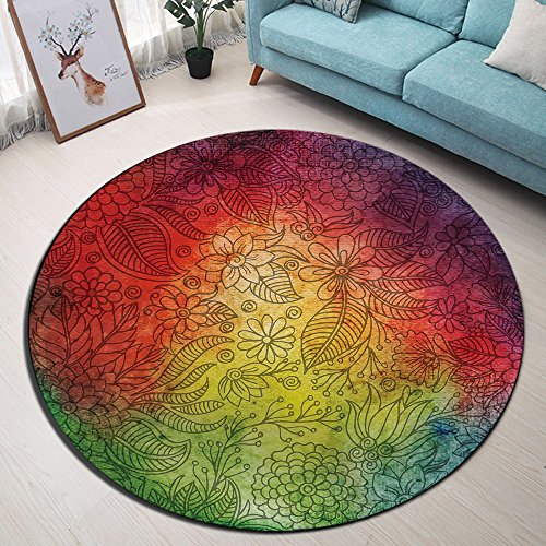 LB Tapete floral redondo vermelho e verde, estilo hippie, estampa de flores e folhas para sala de es