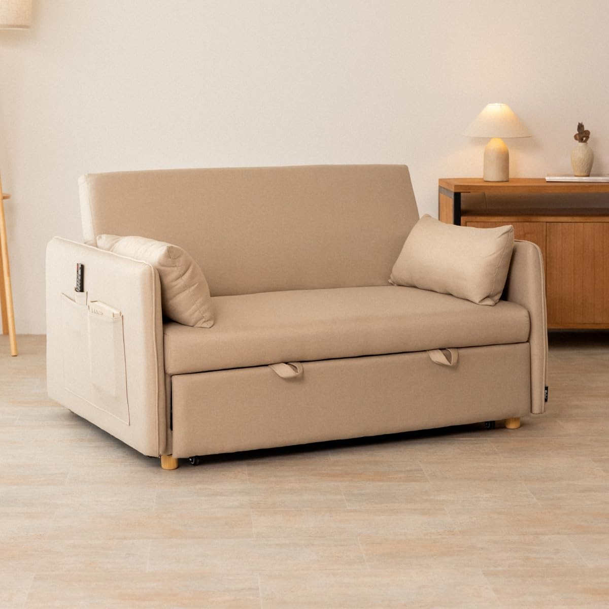 Nalui- Sofa Cama 2 plazas 3 en 1 Nest 2 139x100x80cm con Respaldo Ajustable y 2 Almohadas. Sofa Cama Chaise Longue, Soporta hasta 240Kg. Sofa 2 Plazas Convertible en Cama 120x190cm, Beige