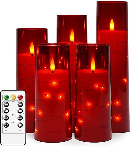 Obrldpao Velas sin llama, funcionan con pilas, 5 velas LED acrílicas parpadeantes con control remoto, con cadena de estrellas incrustada, vela de