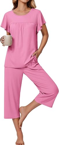 Ekouaer Capri Pajamas for Women Set Short Sleeve Lounge Set Soft Sleepwear Pullo