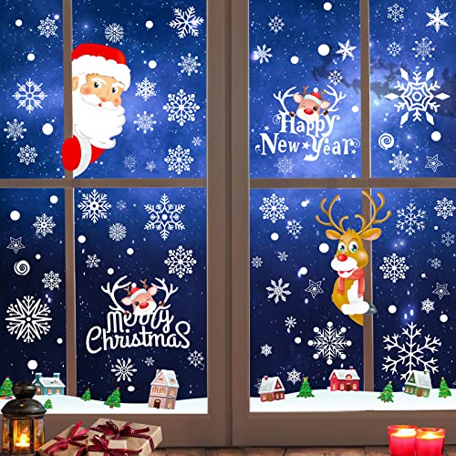 Stickers Noel Fenetre Réutilisable, Decoration Noel Fenetre Electrostatique 189 Autocollant Noel Fenetre PVC Flocon de Neige Père Noël et Rudolph Deco Noel Intérieur Cover