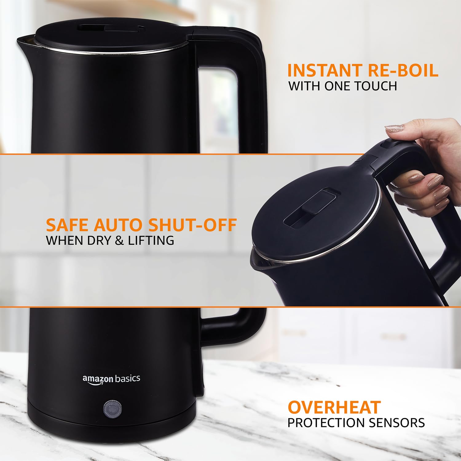 amazon basics 1.5 Liter Cool Touch Electric Kettle| 1350 Watt|Stainless Steel Body|Auto Cut-Off|Triple Safety Protection(Black) 2