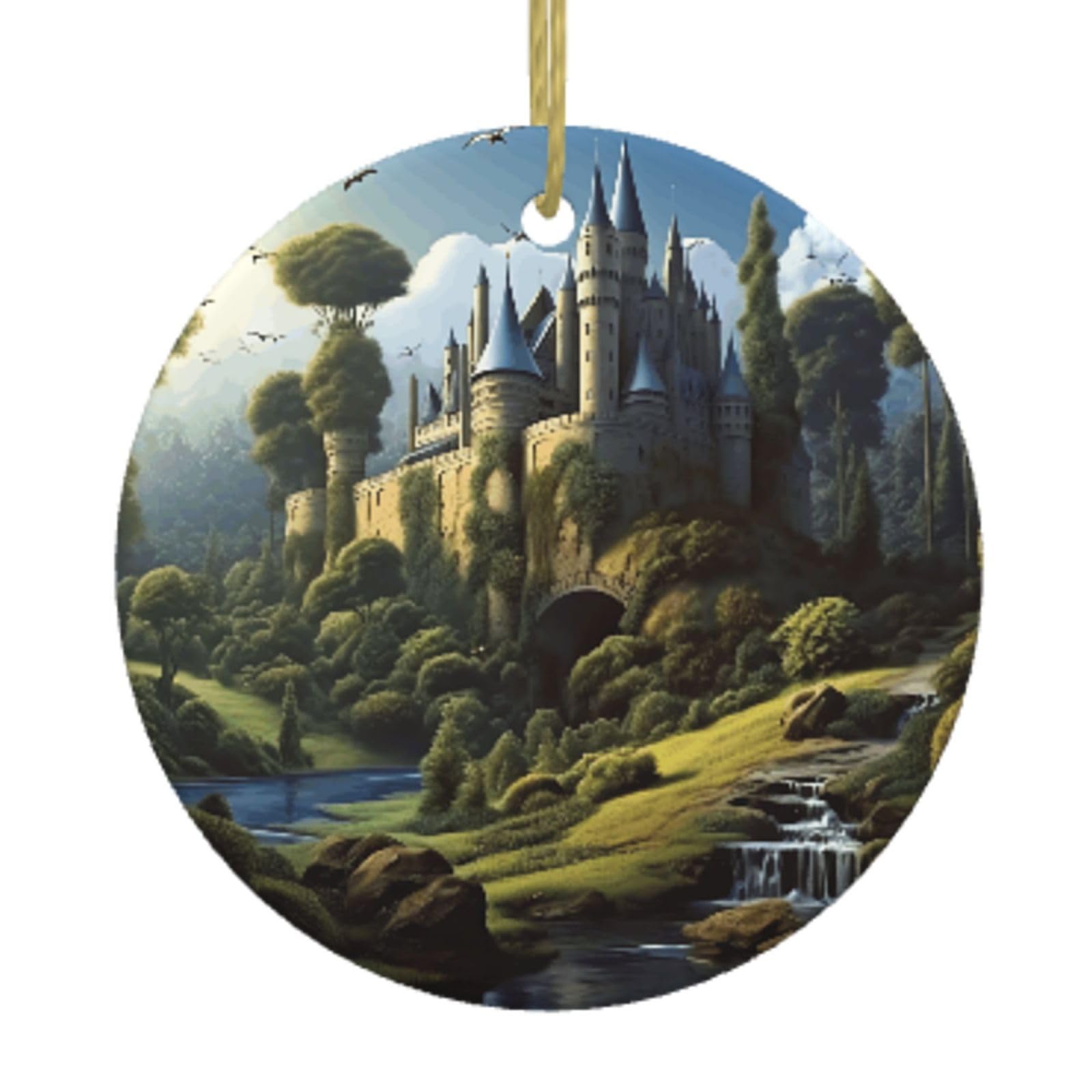Ceramic Christmas Tree Hanging Ornaments with Gold Ropes Christmas Tree Decorations Round Ceramic Woods and Castle Pendant Keepsake Decorations for Holiday Xmas Gift Ideas
