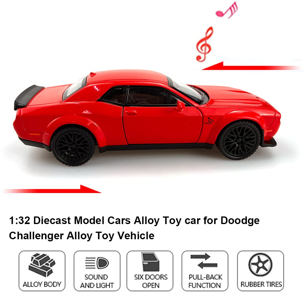 1:32 Diecast Model Cars Alloy Toy car for Doodge Challenger Alloy Toy Vehicle, Pull Back Alloy Car with Lights and Music,Mini Vehicles Toys for Adult Children Gift (Red) 2