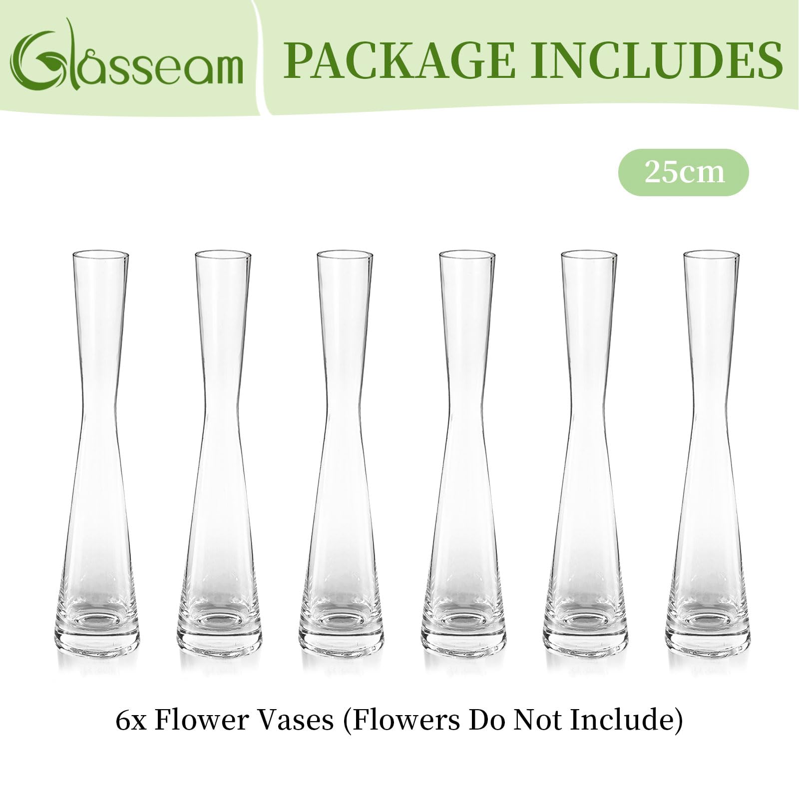 Glasseam Wąski Wazon na Kwiaty - 6 Sztuk, Wysokość 24,5 cm, Szklane, Ręcznie Wykonane do Salonu, Jadalni, Dekoracja Stołu, Tulipanowy