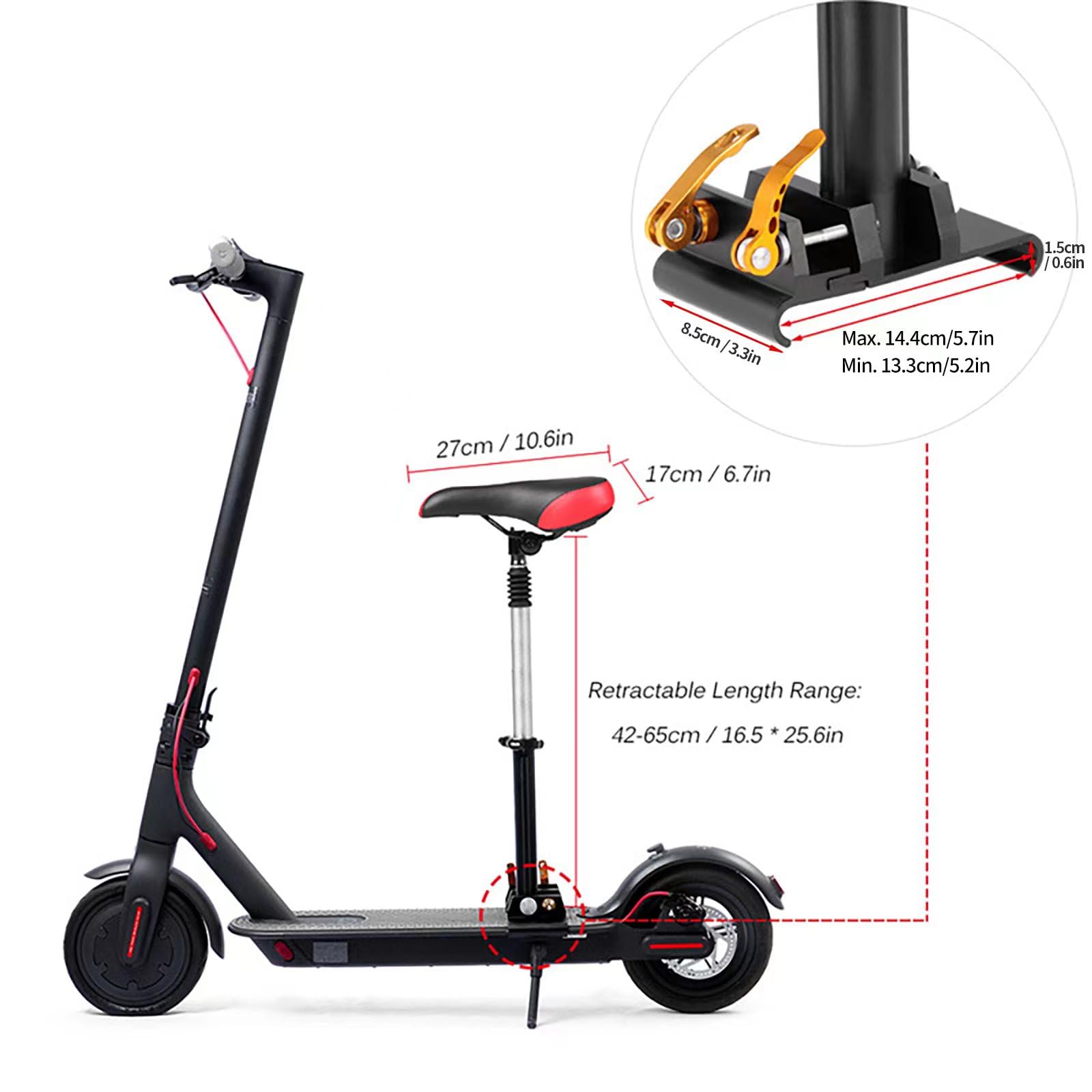 Asiento para scooter eléctrico accesorio para scooter eléctrico Xiaomi asiento adecuado para pedal ancho 140-152 mm, grosor del borde del pedal 9-10 m