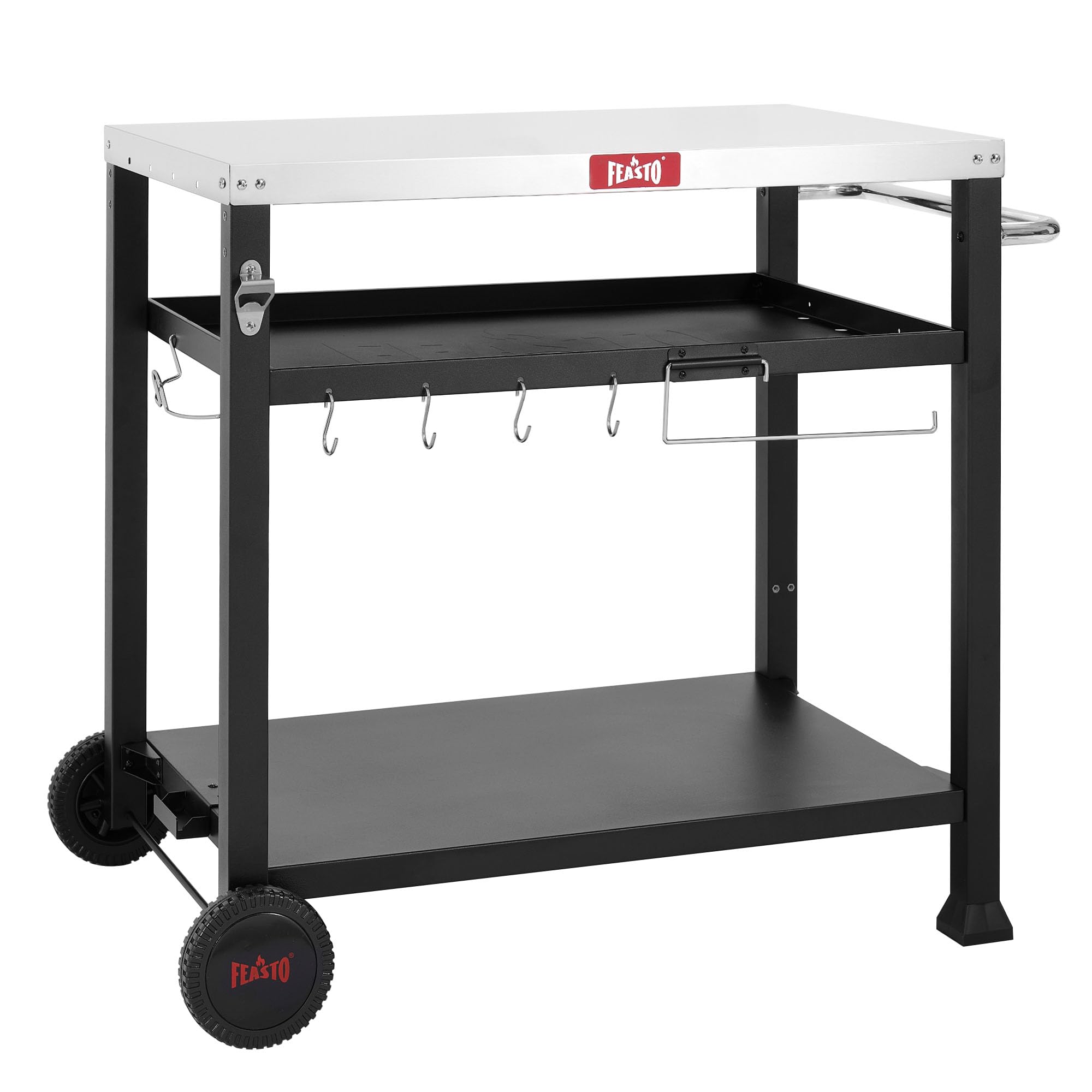 Feasto 3-Étagère Chariot de Barbecue, Desserte pour Plancha en Acier INOX, 4 Crochets et Porte-Serviettes en Papier, Idéal pour Jardin et Terrasse, 95 x 64 x 84 cm