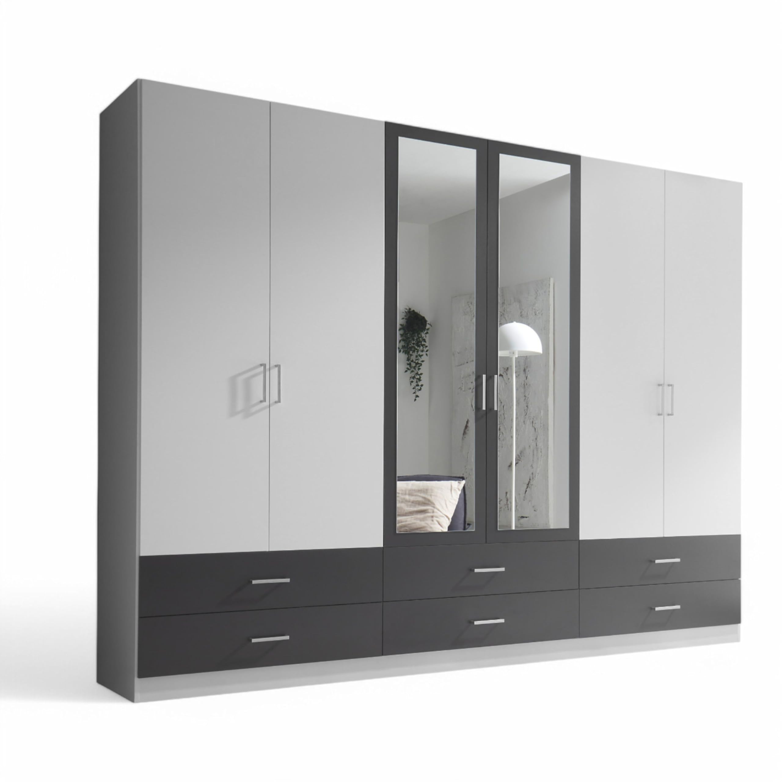 Stella Trading Janne Kleiderschrank mit Spiegeltüren | 6-türig, Weiß/Graphit, 272 x 211 x 55 cm