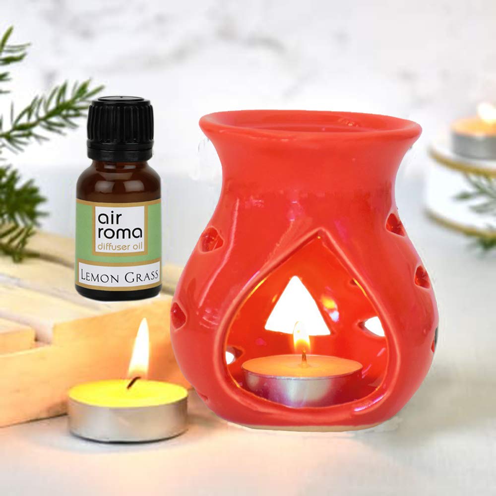 AirRoma Ceramic Aroma Red Diffuser Burner with 10ml Lemon Grass Oil & 2 Pcs Candles