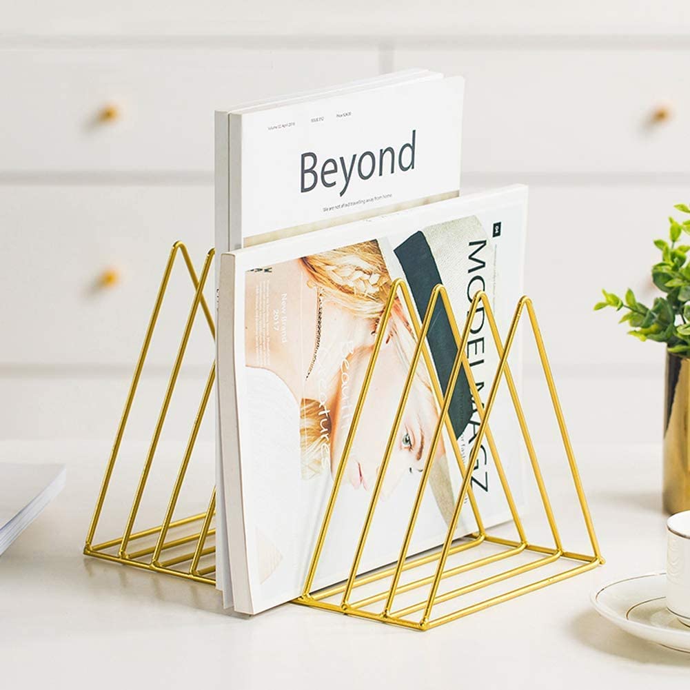Franklite Triangle wire Magazine Newspaper File Organizer Rack Desktop Iron Book Record Holder Storage Organizer Bookshelf for Home School Office Decor (Triangle Golden)-picture-12