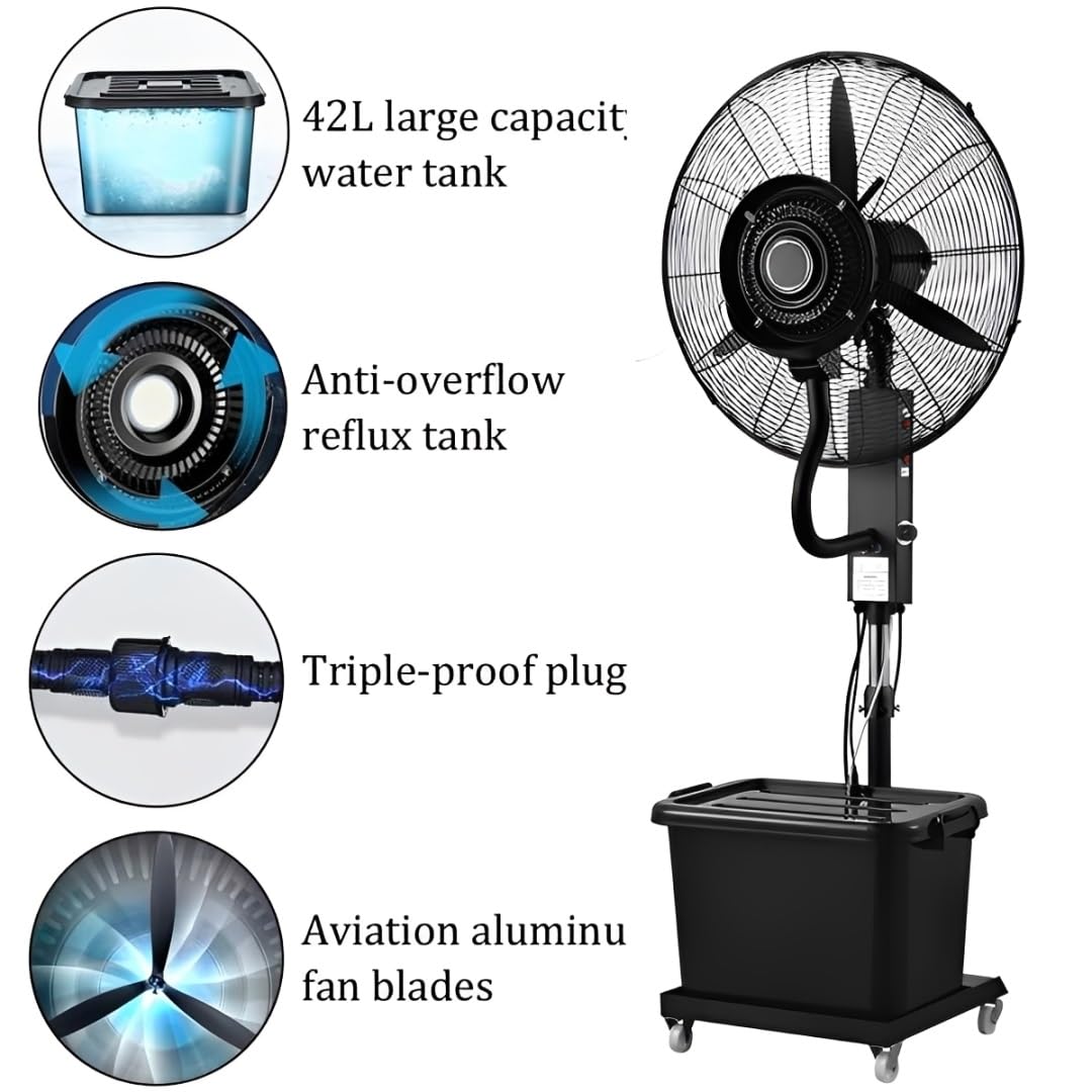 Ventilador industrial de nebulización 42L - Alta velocidad con 3 velocidades ajustables, oscilación de 90°, refrigeración exterior para patio, taller, invernadero, altura ajustable 160-200 cm