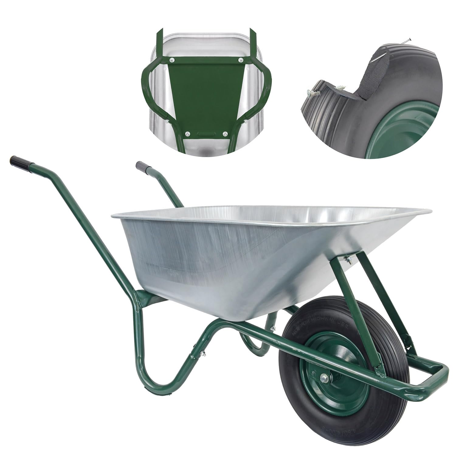 Matrix Schubkarre Profi 100l Liter 250 kg mit zusätzlichem Bodenblech pannensichers PU-Rad Schubkarren groß Garten Scheibtruhe Bauschubkarre | Mulde verzinkt | Metall Felge mit Kugellager | Farbe grün
