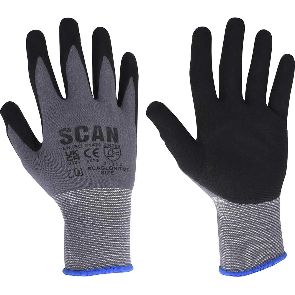 Scan SCAGLONITMFX Breathable Nitrile Micro-Foam Gloves - Size 10, Grey / Black, XL