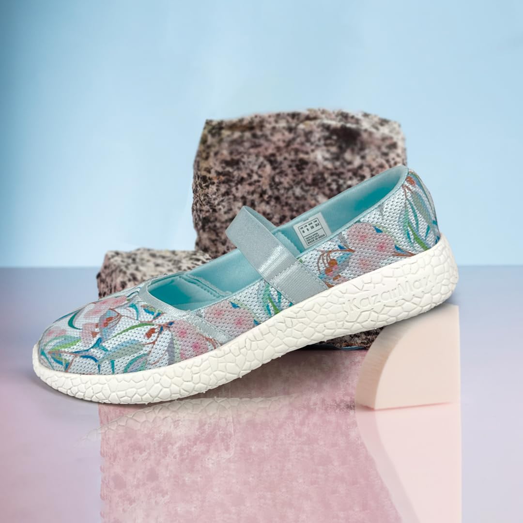 KazarMax Women's Blue Floral Printed Air Cooled Ballerinas Ballet Flat - 5 UK 2