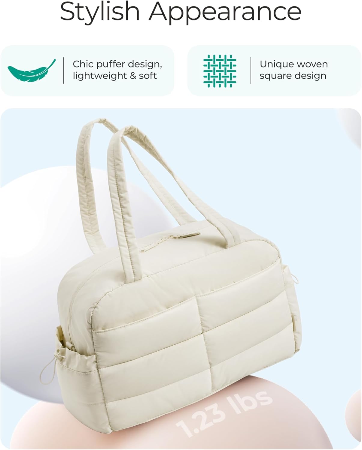 BAGSMART Gym Bag for Women, Lightweight Puffer Duffle Bag 2-PC Travel Bag, 31L Weekender Overnight Bag Quilted Carry On Tote Bag, Diaper Hospital Dance bag for Travel, Gym, Water Resistant, Beige - Image 7