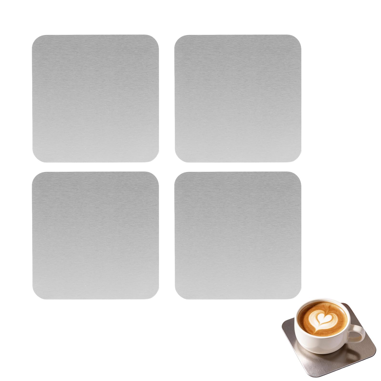 Solvind 4PCS Stainless Steel Coasters, 8.5cm Square Silver Metal Cup Mats, Heat Resistant Non-Slip Drink Coasters for Home Coffee Table Office Cafe Bar