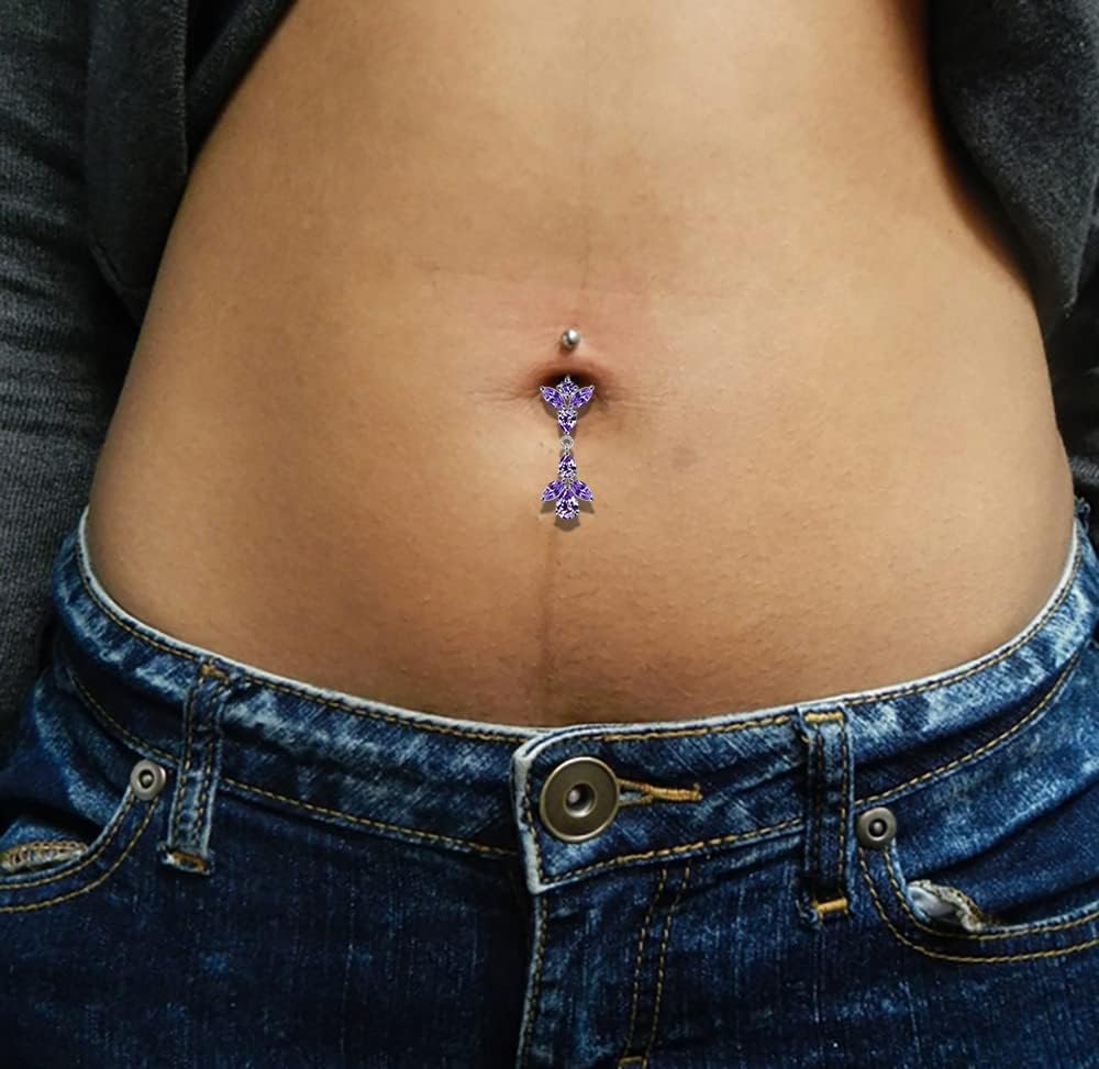 Stylish 2 Floral Leaf Dangling Design 925 Sterling Silver with Stainless Steel Belly Ring - Belly Button jewelry - Navel jewelry
