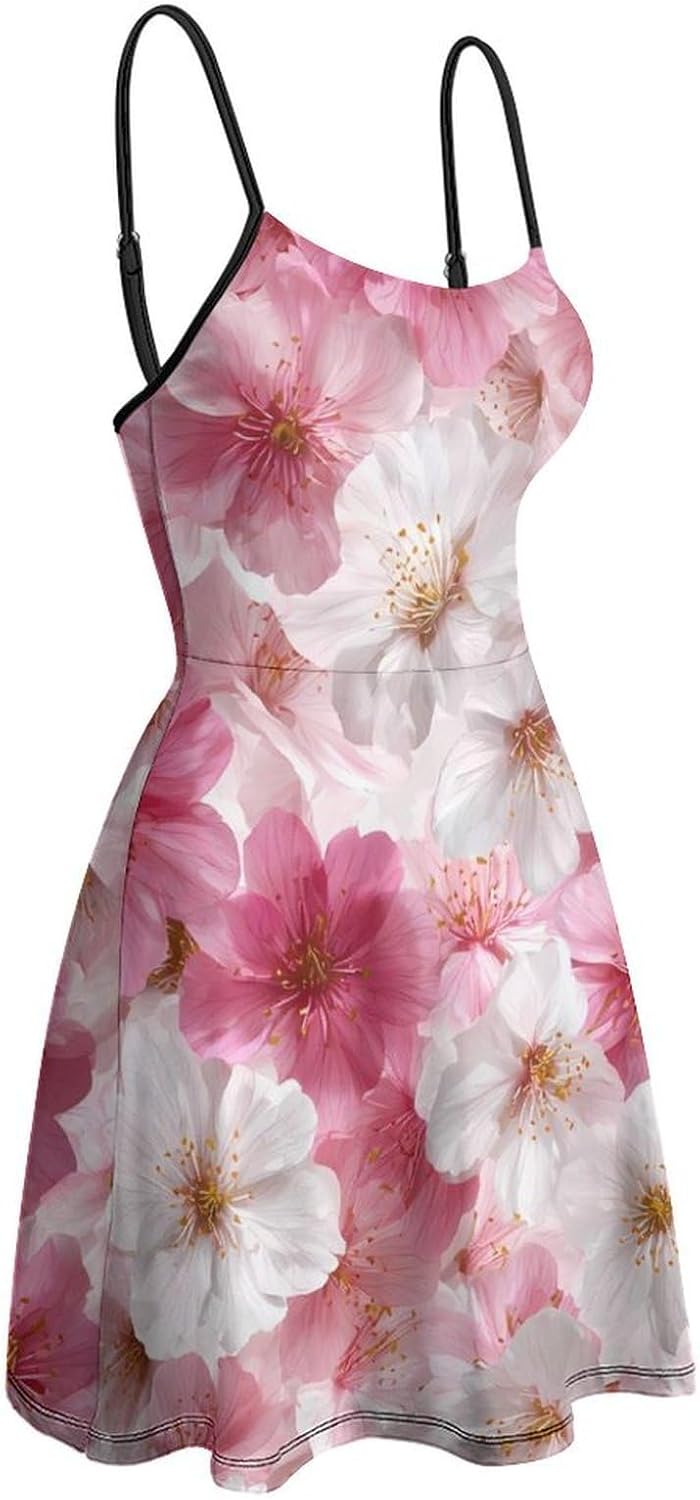 Falling Sakura Cherries Floral Short Cami Dress for Women Adjustable Spaghetti Strap Flowy Sundress Beach Vacation