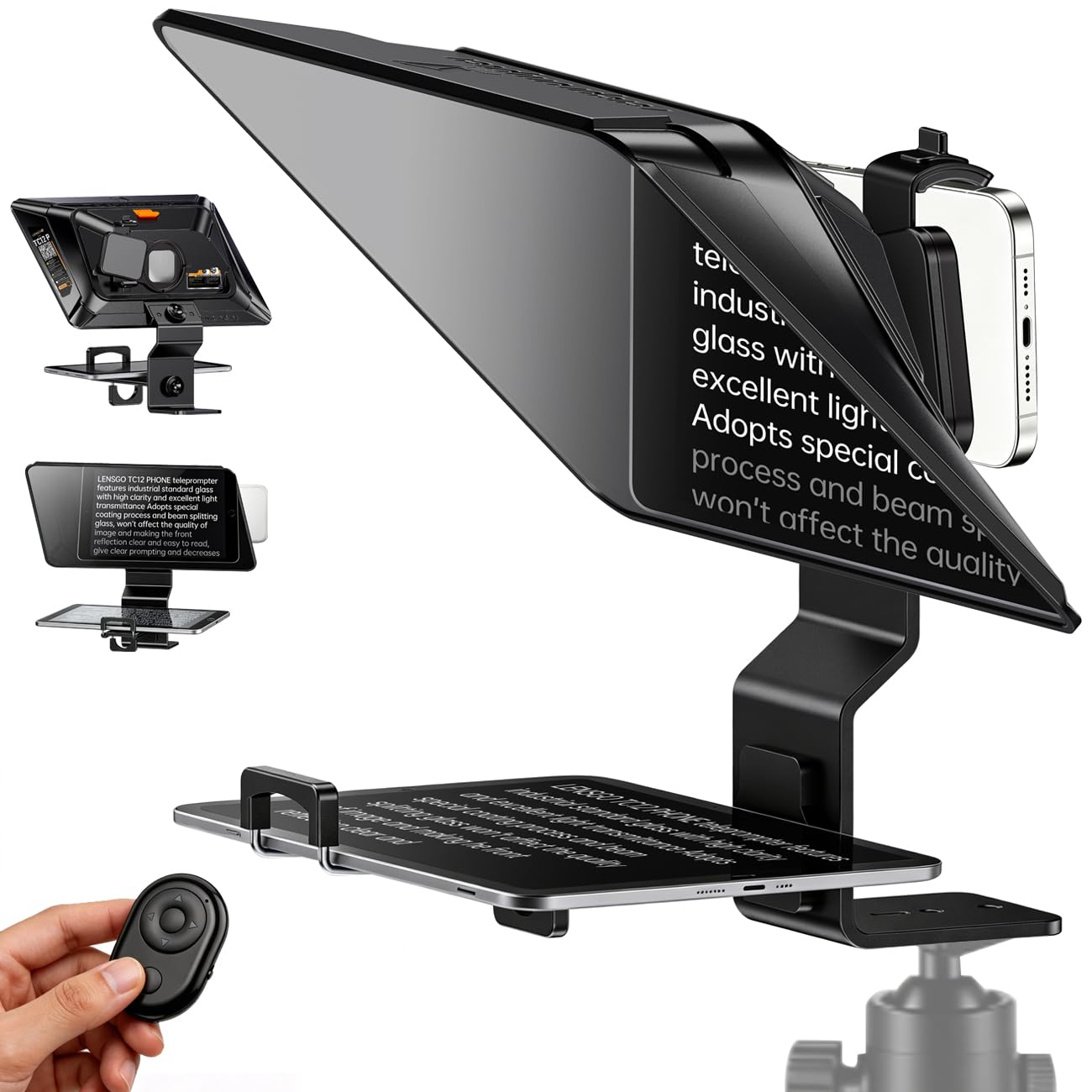 LENSGO TC12P Teleprompter für Smartphone, 11,98 Zoll HD Weitwinkel unterstützt iPad/Tablet bis zu 18,5 cm - Beam Splitter Glas mit Bluetooth Fernbedienung - Weitwinkel Unterstützung für YouTube