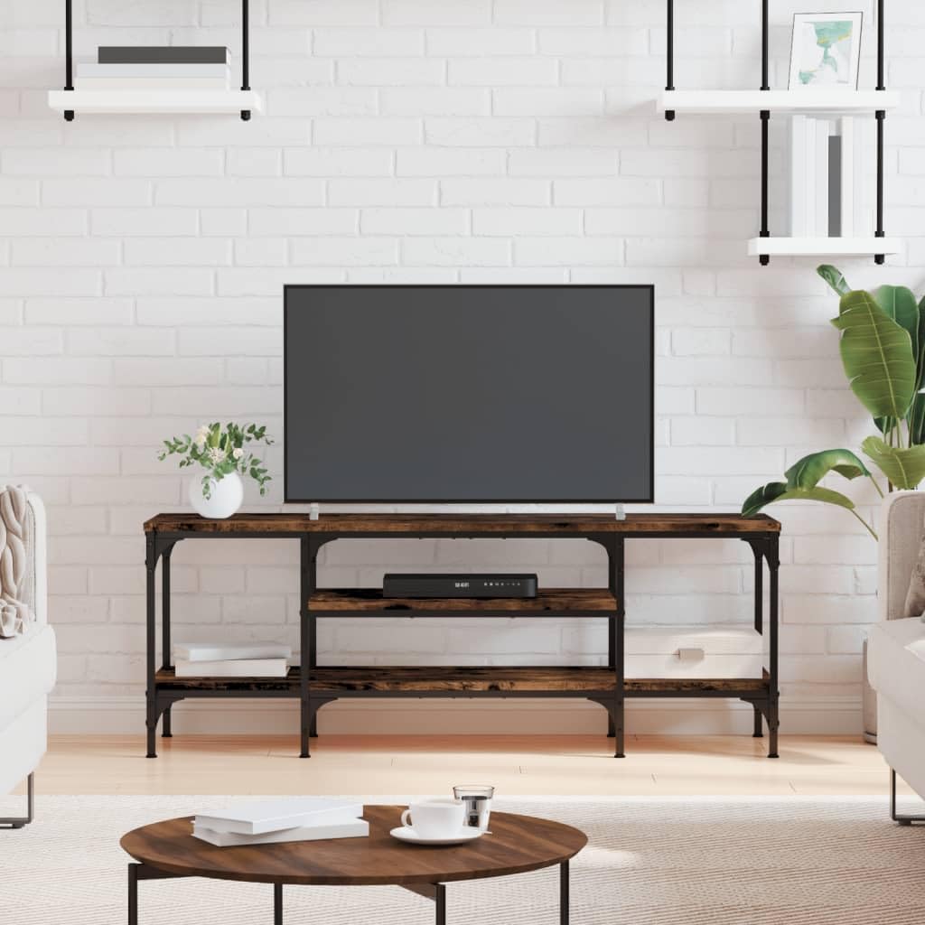Mueble de TV de madera y hierro con espacio de almacenamiento, estilo industrial bajo, 121 x 35 x 45 cm, madera y hierro, estantería abierta con espacio de almacenamiento, aparador moderno