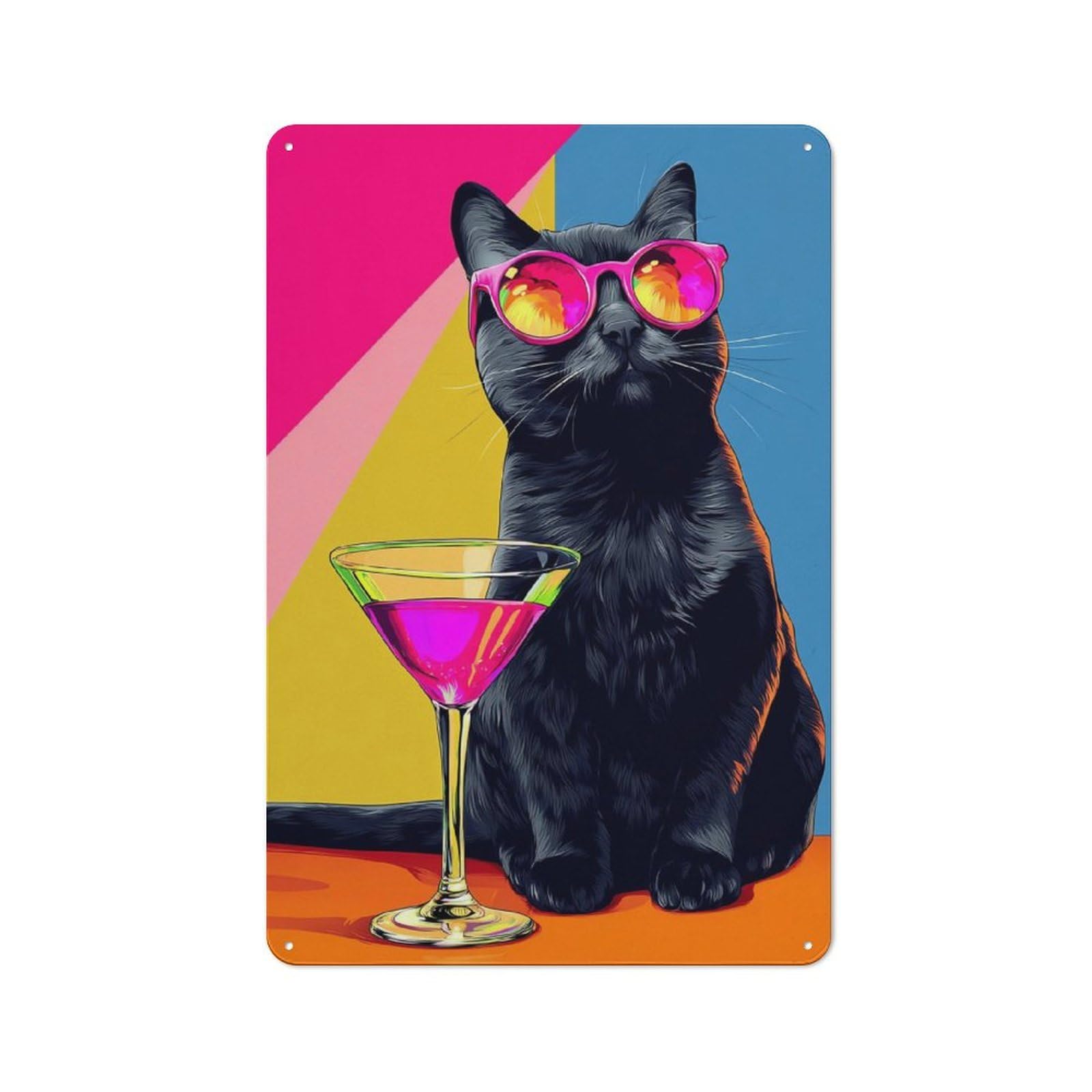 Junmoney Chic Cat With Cocktail Metal Wall Plaque With Design 30X20cm, Retro Small Space Decor For Flat, Dorm Room, Lounge Or Cafe