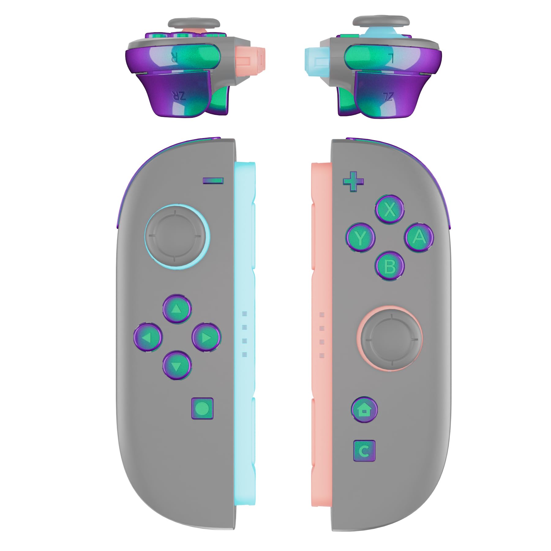 Photo 1 of ** USED SOME USED PIECES** eXtremeRate DIY Replacement Full Set Buttons for Joycon 2, Custom ABXY Direction Keys Dpad + - C Home Capture Release L R ZR ZL Trigger Buttons for Nintendo Switch 2 Controller- Chameleon Green Purple