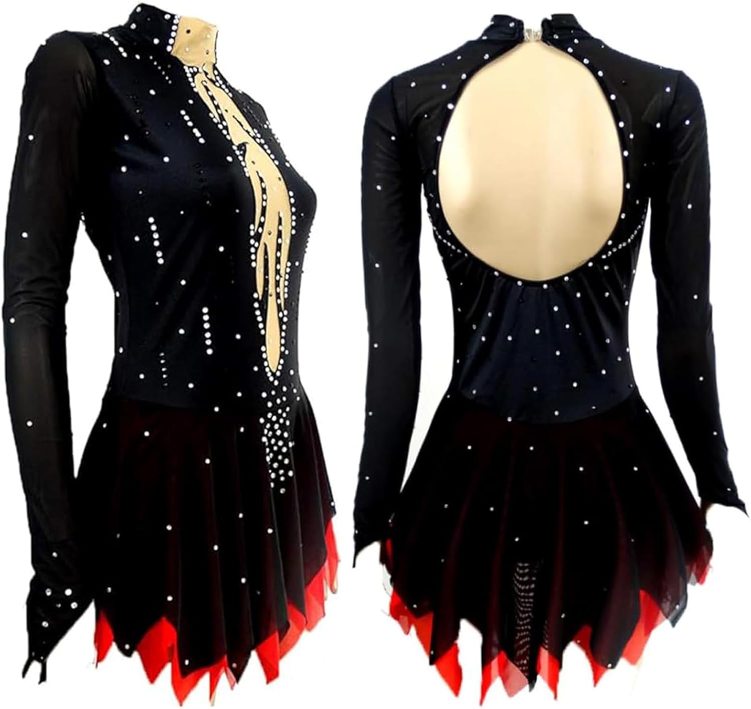 LIUHUO Black Red Figure Skating Costumes - Custom Made Skating Skirts & Long Sleeve Ladies' Costumes