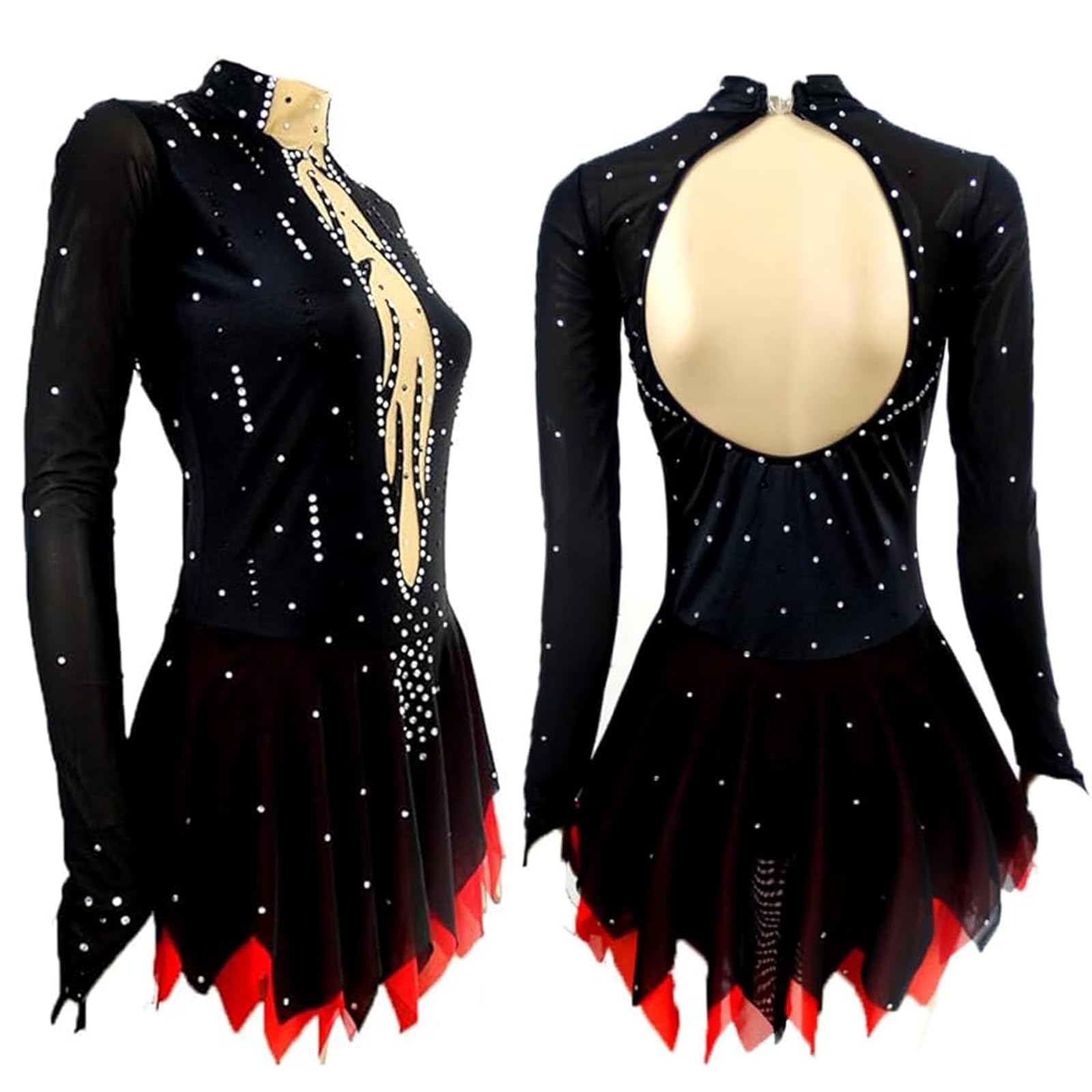 LIUHUO Skating Skating Kostüme Skating Skirts Damen Langarm Skating Kostüme Schwarz Rot