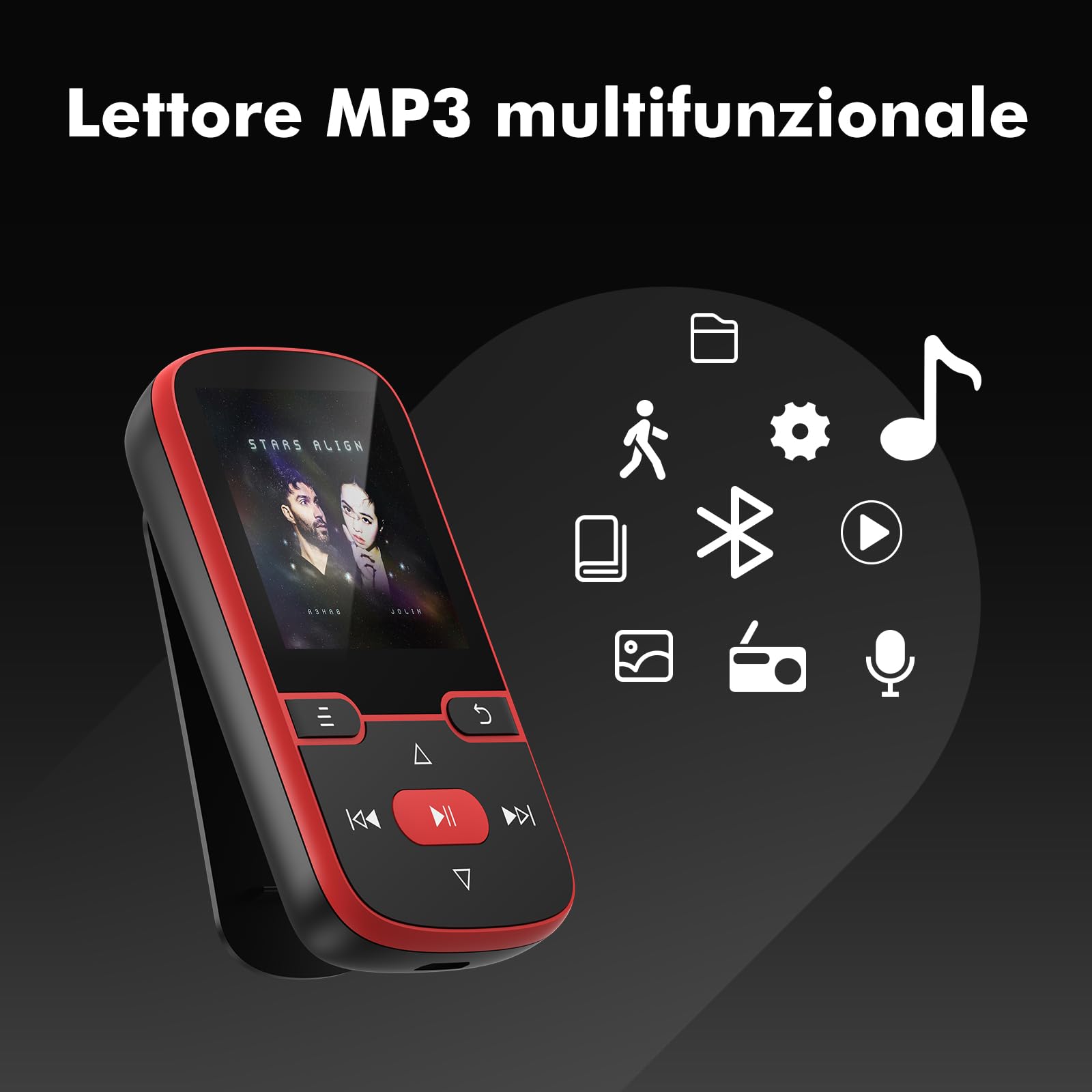 64 GB Lettore MP3 con Bluetooth 5.3, Music Clip Sport, schermo TFT da 1,5". | Solo 28 g di luce con clip per lo sport, radio FM, registrazione vocale, ripetizione casuale e di brano, pulsanti fisici