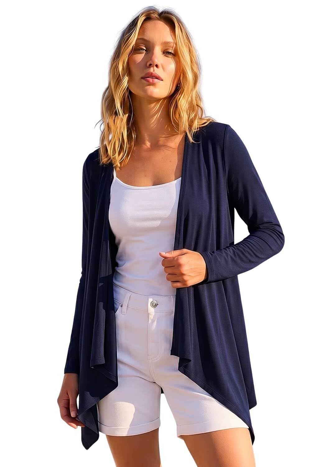 Roman Women's Navy Waterfall Front Jersey Cardigan Size 18