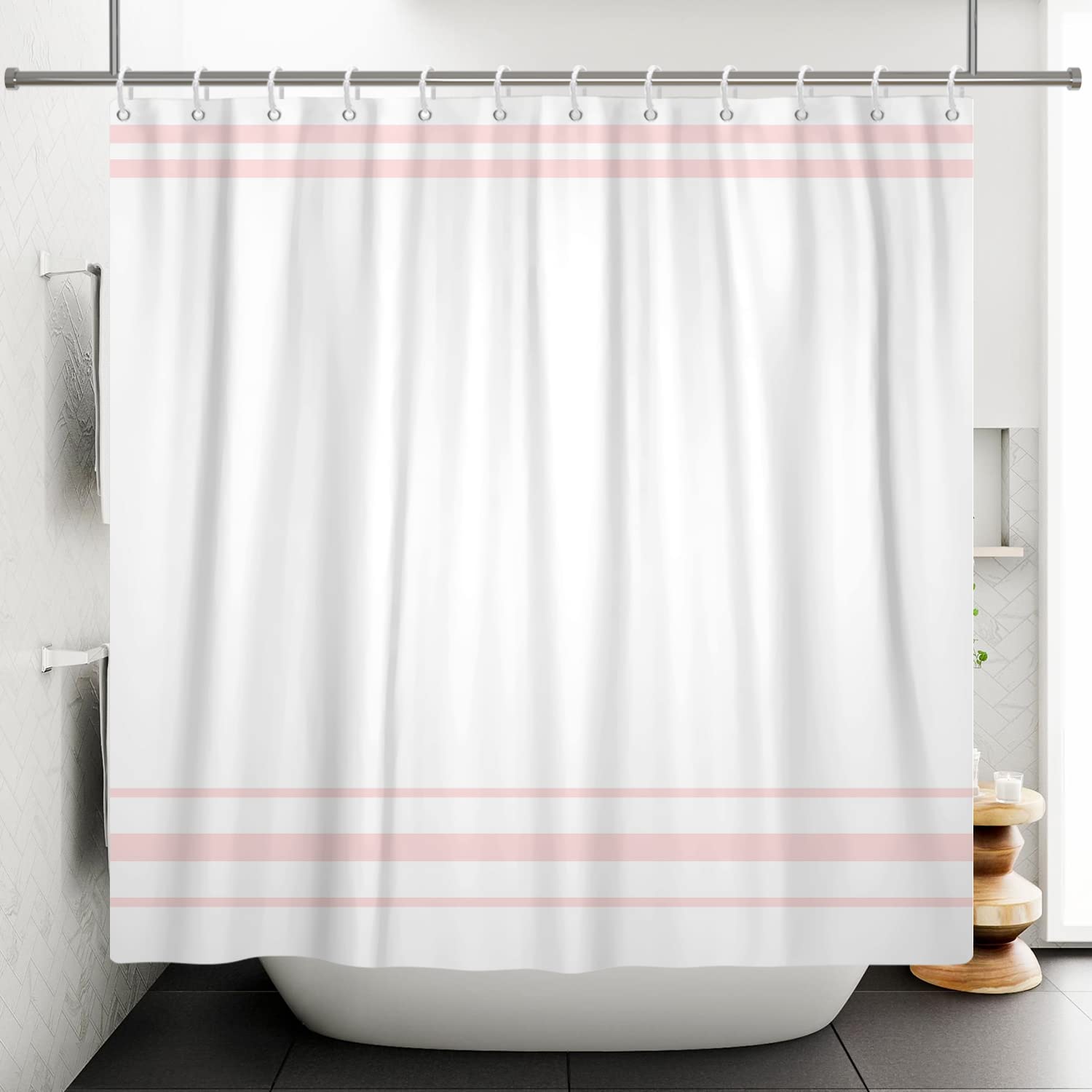 SDOTPMT 140x180cm Pink and White Shower Curtain Modern Minimalism Pink Striped Bath Curtain Countryside Farmhouse Classic Aesthetic Bathtub Curtain for Bathroom Decor Polyester with Hooks - Image 3