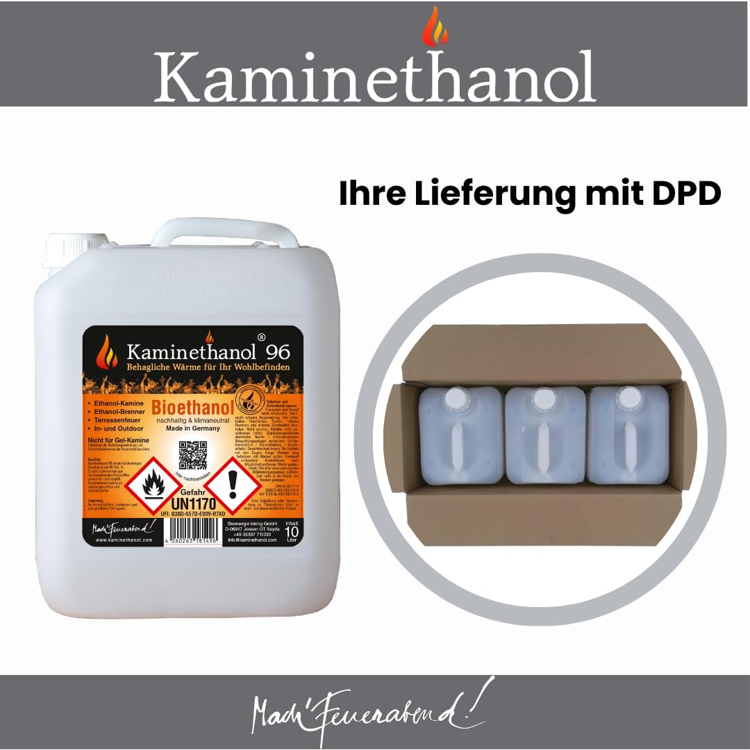Icking Bioethanol 96,6% 30 Liter (3 x 10 L) | Premium Qualität - direkt vom Hersteller für Ethanol Kamine, Alkohol-Brenner, Terrasenfeuer, Raumfeuer und Gartenfackeln